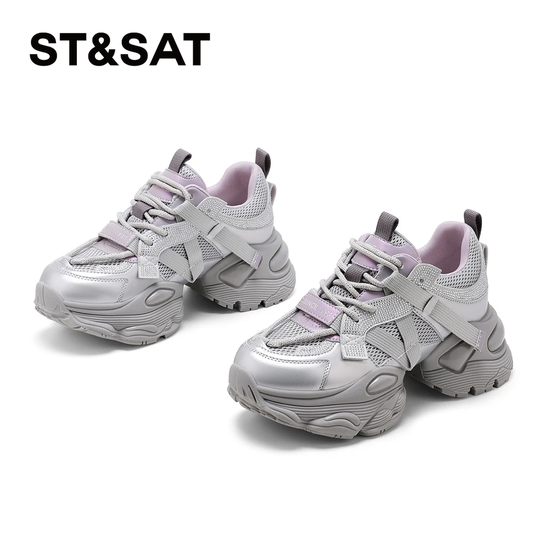 St&Sat/星期六纯色透气老爹鞋女2025年运动系带休闲鞋SSD1112C9S