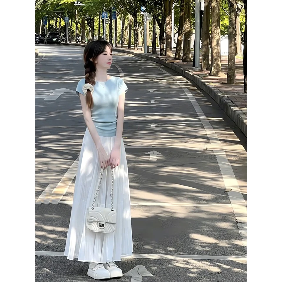 现货 夏季新款法式后背系带气质温柔上衣高腰半身裙一套套装女