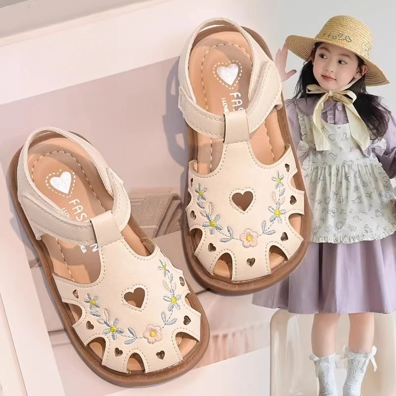 36l°C女童凉鞋2025夏季新款防滑公主软底鞋刺绣镂空宝宝包头鞋女