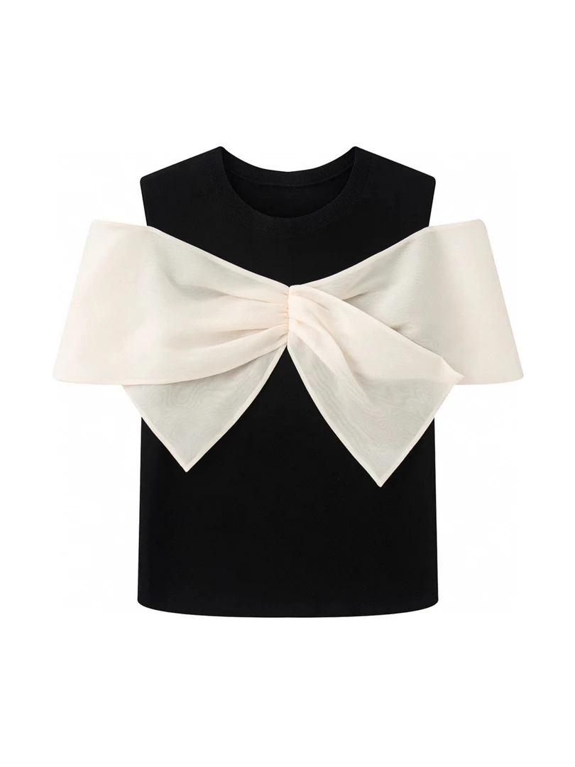 【迪家上衣】商场同款女装2025夏新款圆领拼接漏肩蝴蝶结针织衫3931