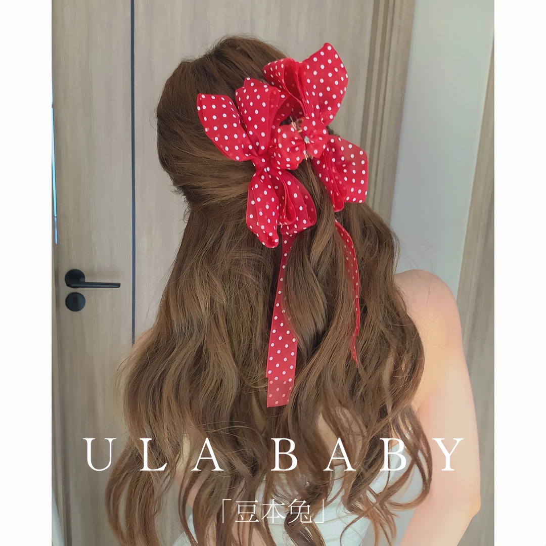 【喜儿ula】7-6-2「豆本兔」法式精致时尚波点蝴蝶结飘带抓夹