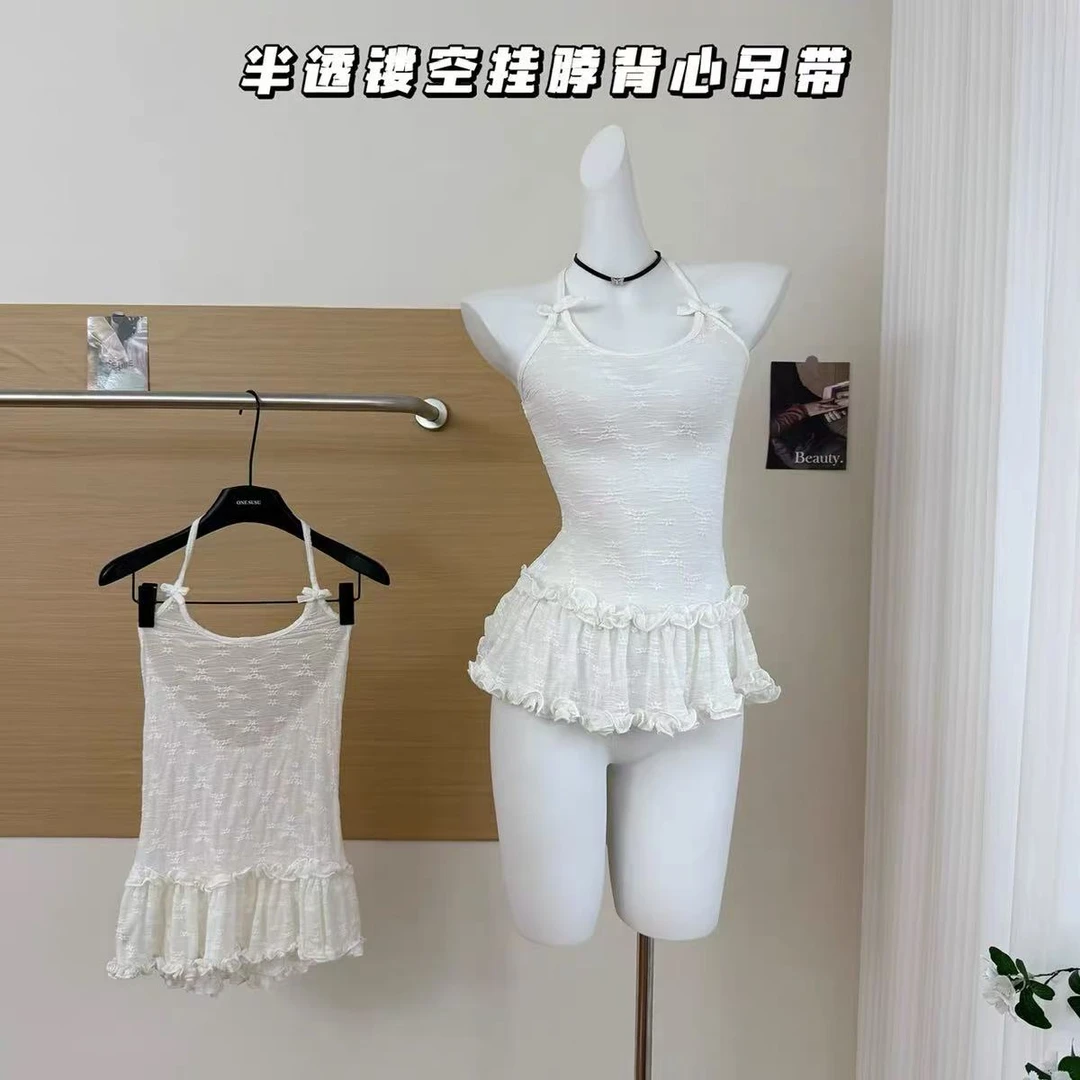 法式ins风修身型宽松型背心吊带半透修身露背女装挂脖白色