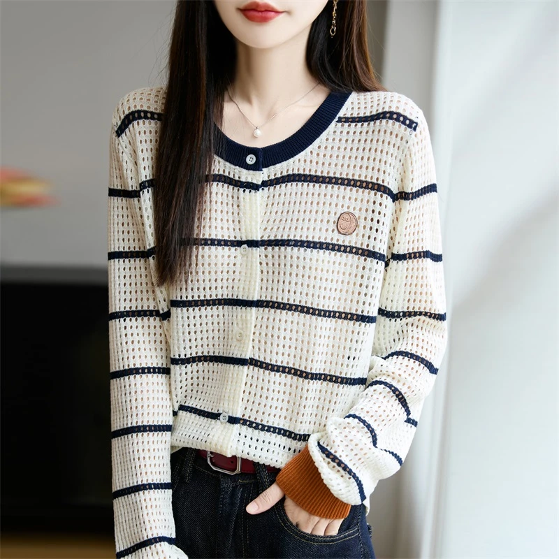 正品哥弟新款女款条纹长袖秋季镂空百搭开衫法式外套修身毛针织衫