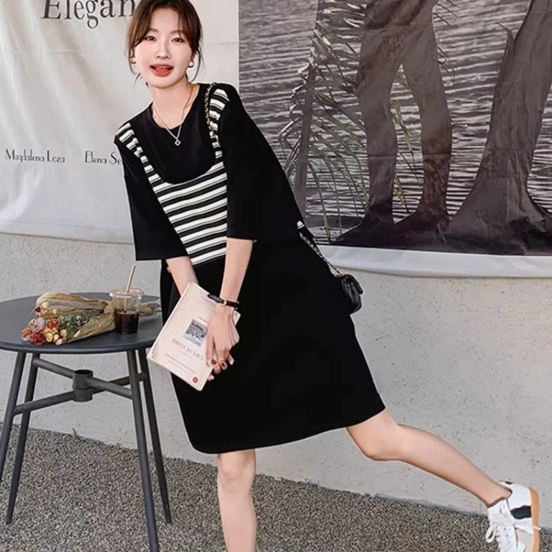 大码黑色条纹假两件连衣裙女秋2025新款韩版宽松减龄慵懒风小黑裙