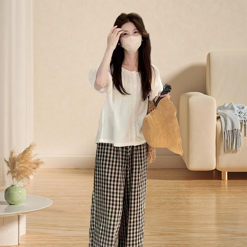 设计感显瘦女装小香风淑女套装女泡泡袖衬衫阔腿格子裤休闲两件套