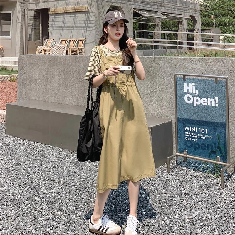 港风复古减龄假两件t恤连衣裙女夏收腰显瘦拼接工装休闲背带长裙