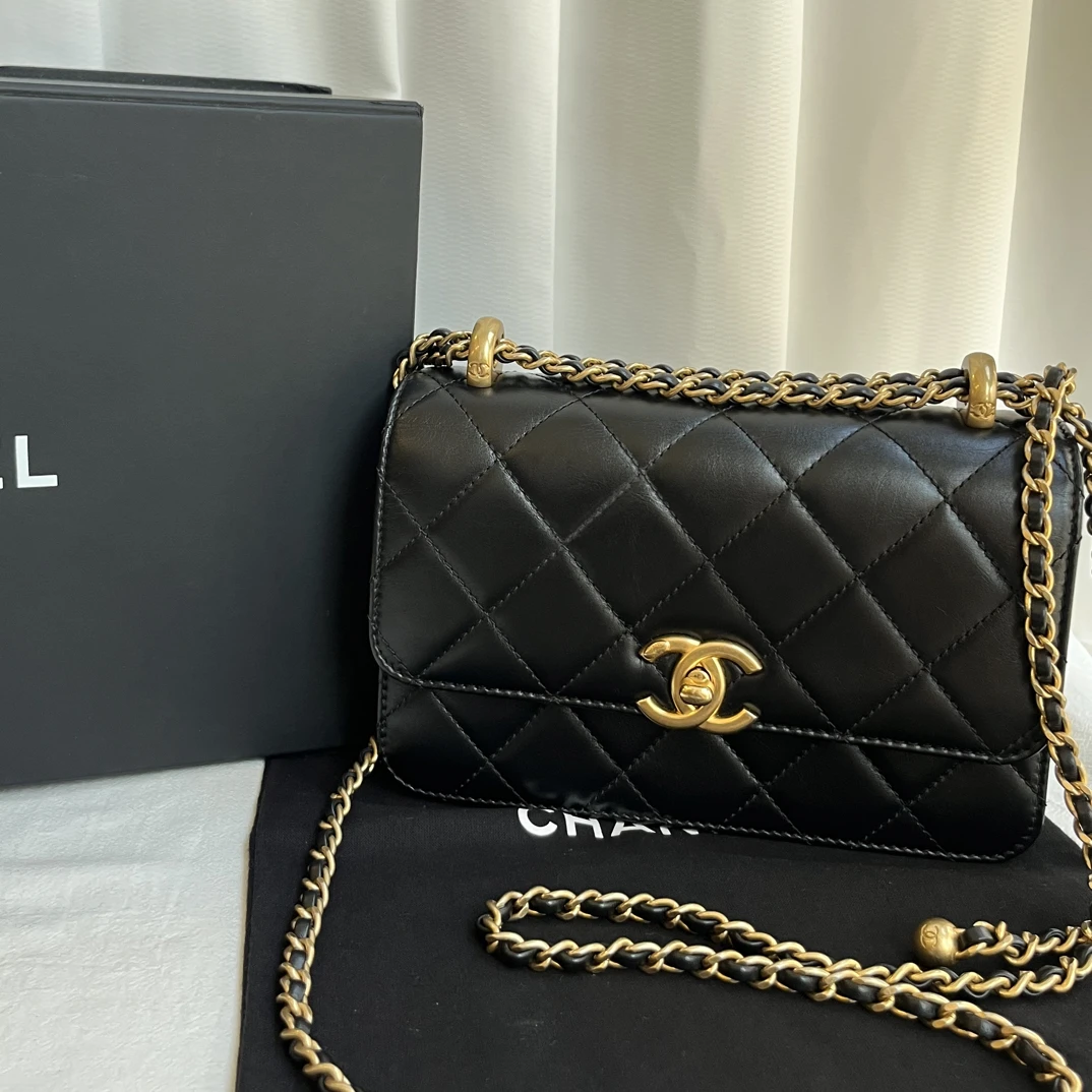 99新 Chanel/香奈儿 双金珠19黑金CF大mini单肩斜挎包链条包芯片