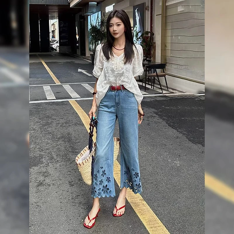 重工设计感九分微喇牛仔裤女夏季薄款大码胖mm小个子直筒阔腿裤