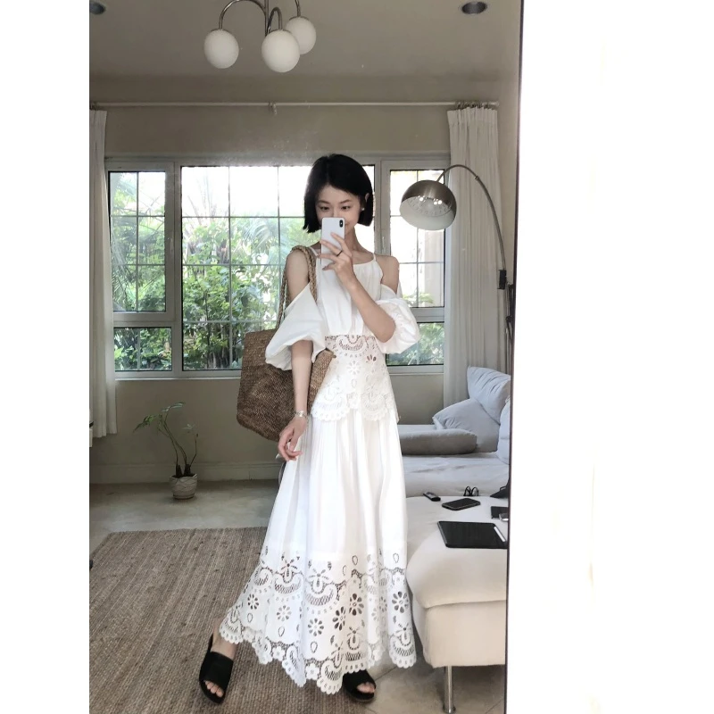 MARIE.COCO法式轻奢名媛风白色上衣蕾丝连衣裙套装小香风绝美长裙