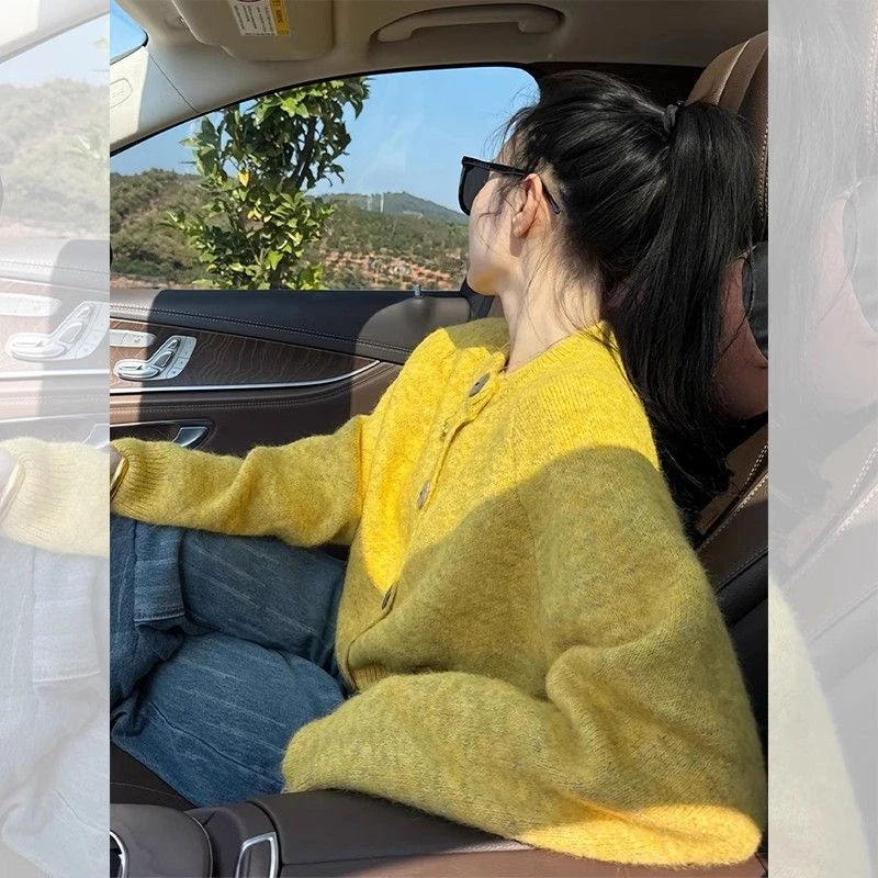 法式黄色开衫毛衣外套女宽松慵懒风外穿针织上衣春秋款女睡衣