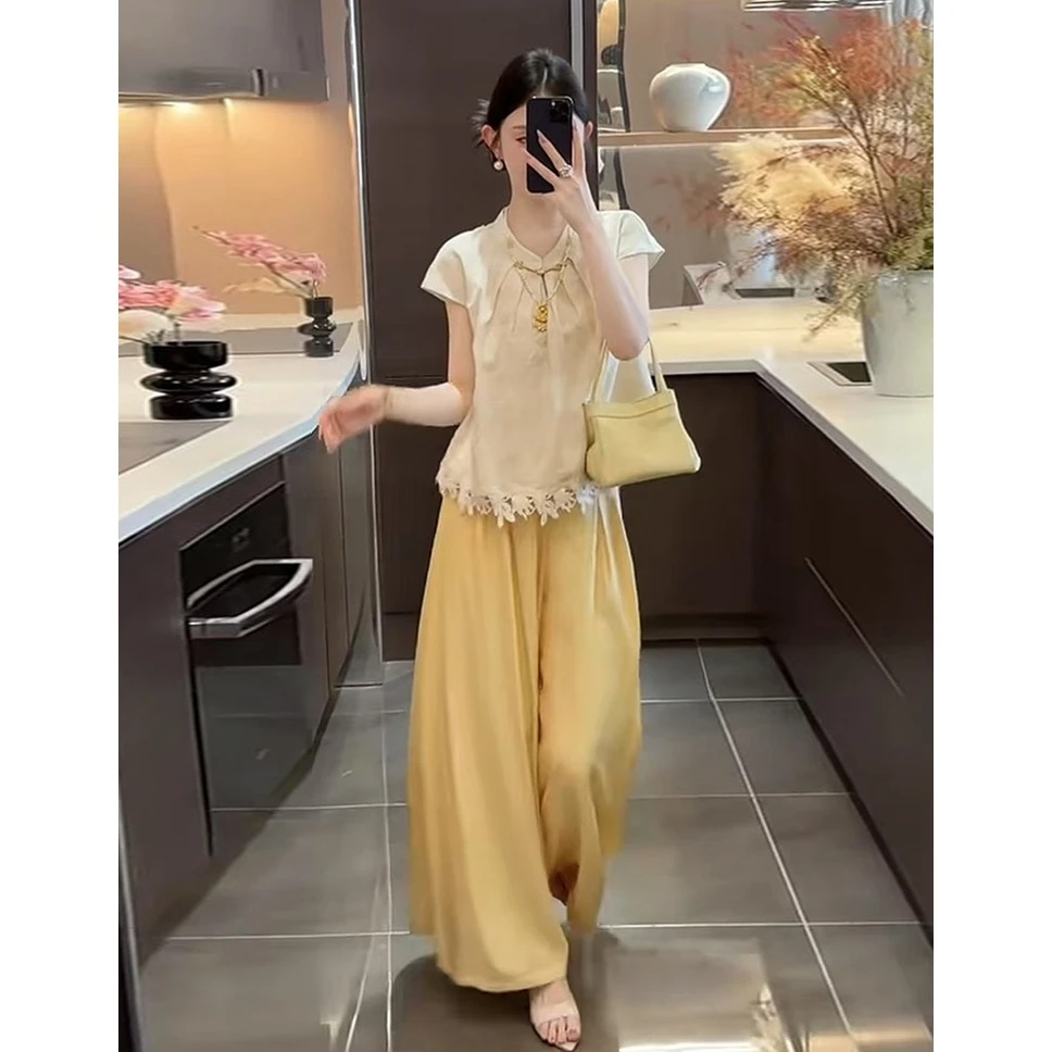2025夏季新款设计感气质显瘦国风上衣搭配休闲阔腿裤新中式两件套