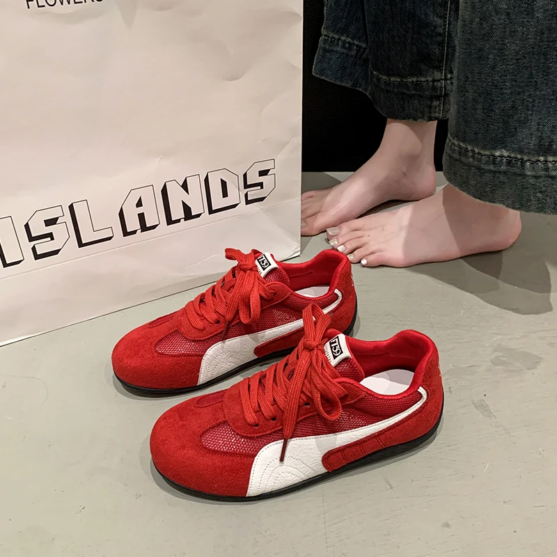 网面透气德训鞋小白鞋女2025新款复古休闲系带运动鞋百搭平底板鞋