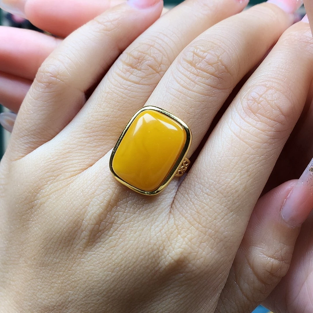 蜜蜡戒指银S925镶嵌戒指