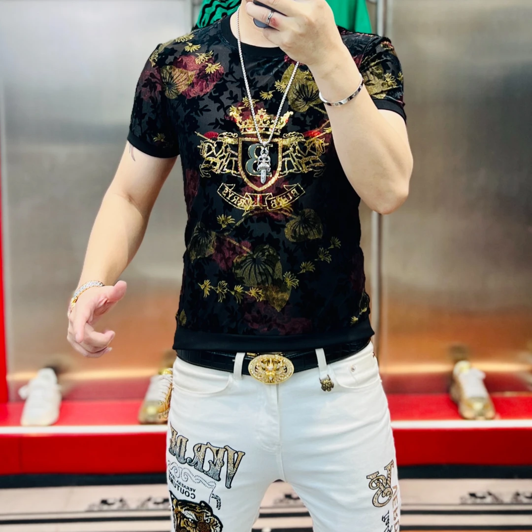 领者家 夏季新款字母提花烫钻霸气时尚百搭网红男士圆领短袖T袖潮