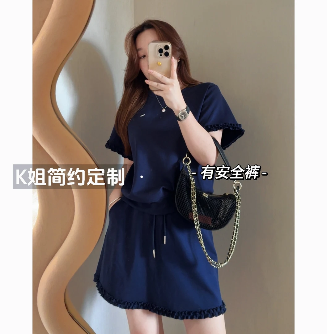 GTNER“KK定制”防走光短裙花边短袖T恤两件套夏薄款时尚套装D1955