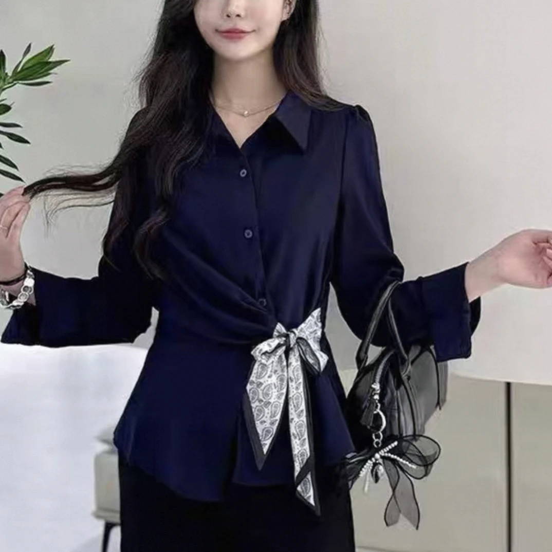 8208秋季长款气质长袖通勤绑带设计感小众衬衫上衣