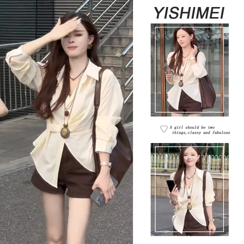 秋装搭配一整套2025年新款韩系简约百搭长袖衬衫显瘦短裤两件套装