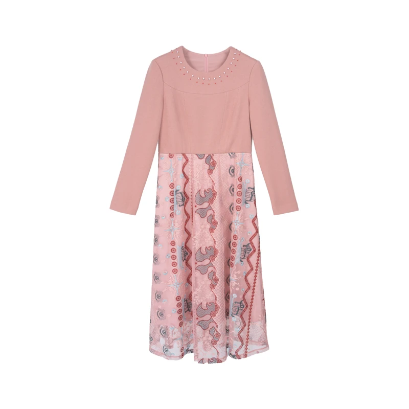 【小余专属】她翼冬季优雅气质长袖连衣裙时尚绣花百褶AA1242234092