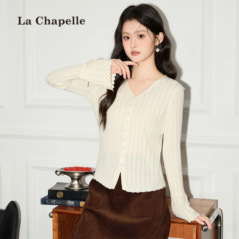 拉夏贝尔法式v领长袖针织开衫女早秋毛衣内搭韩系镂空喇叭袖上衣