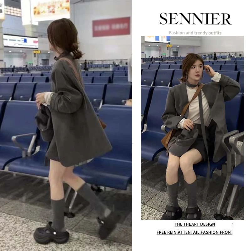 秋季一整套女装2025新款韩版气质宽松西装外套显瘦短裙两件套装