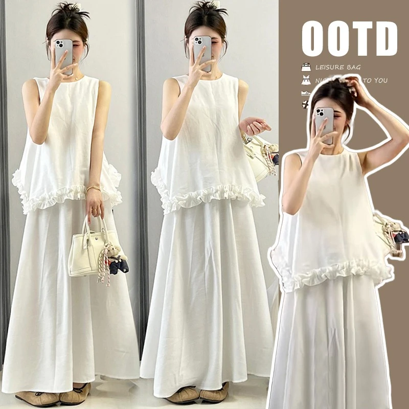 孕妇夏装套装2025新款法式高级感白色木耳边无袖上衣半身裙两件套