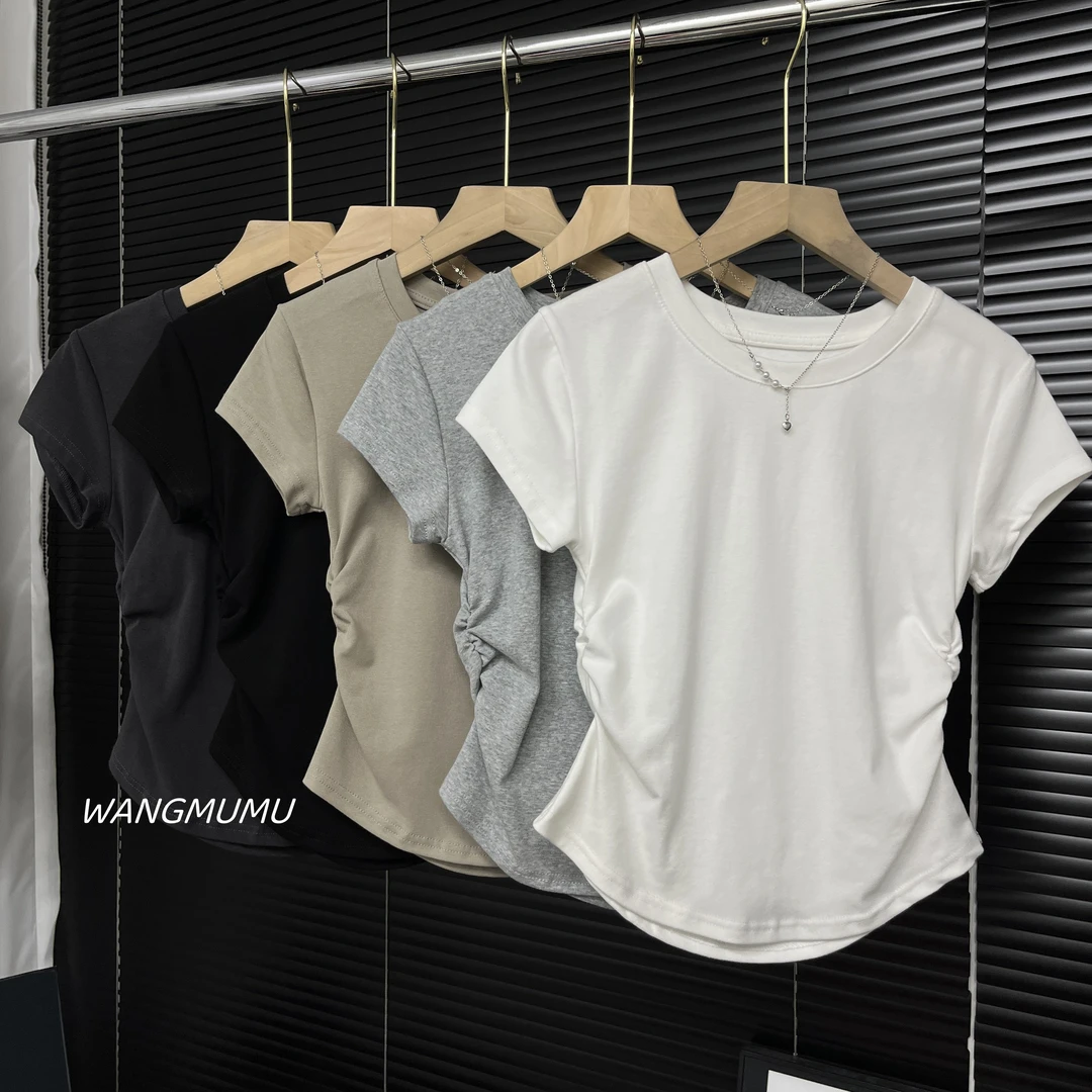 夏季圆领V领设计感褶皱收腰百搭显瘦短袖正肩纯色打底T恤女