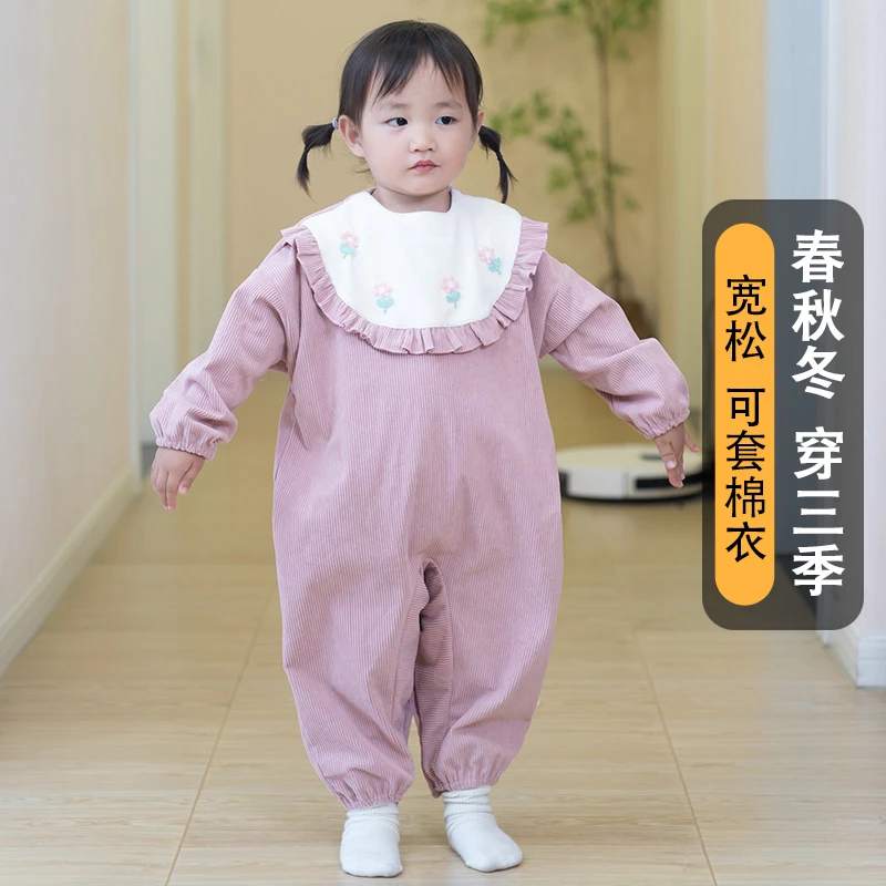 休闲秋冬简约爬服哈衣婴儿防脏幼儿长袖宝宝外穿防水宽松连体罩衣