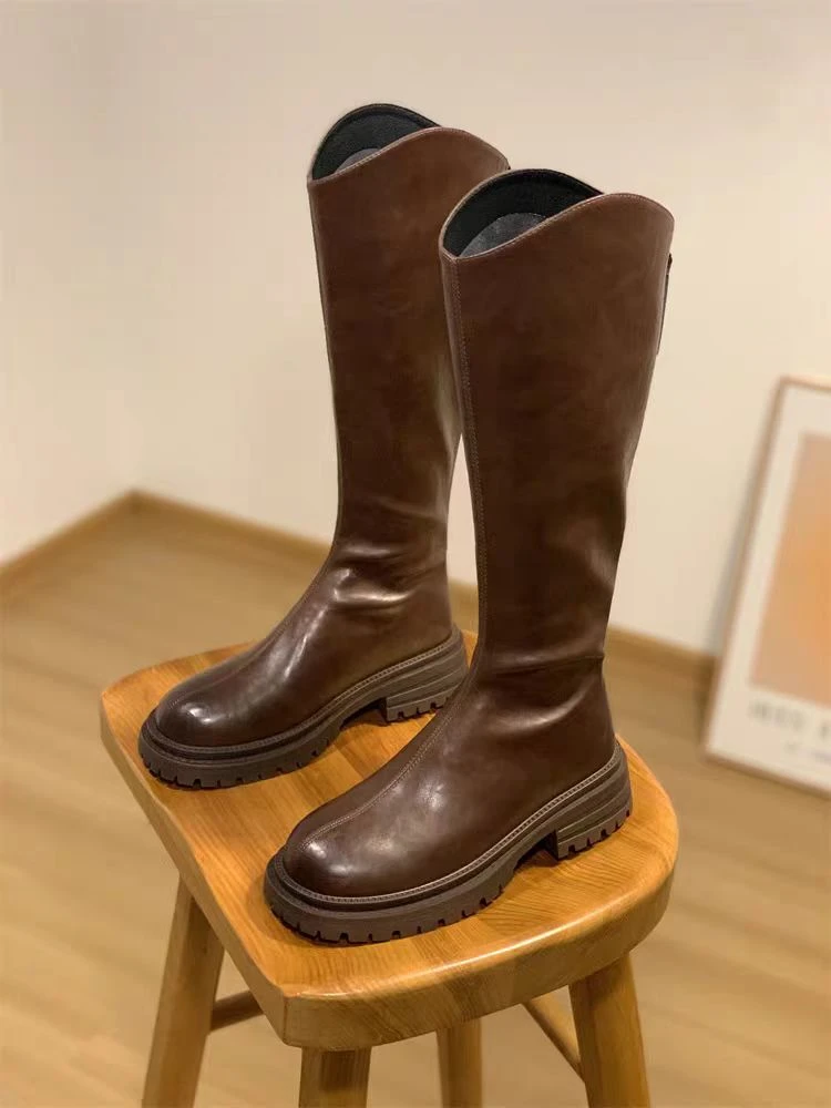 WA075S 口长筒靴女厚底骑士靴秋冬复古瘦瘦靴高筒靴子女靴加薄绒