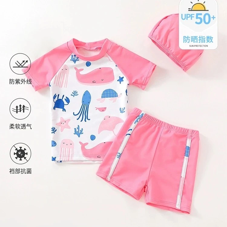 可米熊2025夏季新款女童游泳衣套装宝宝速干上衣裤子帽子三件套
