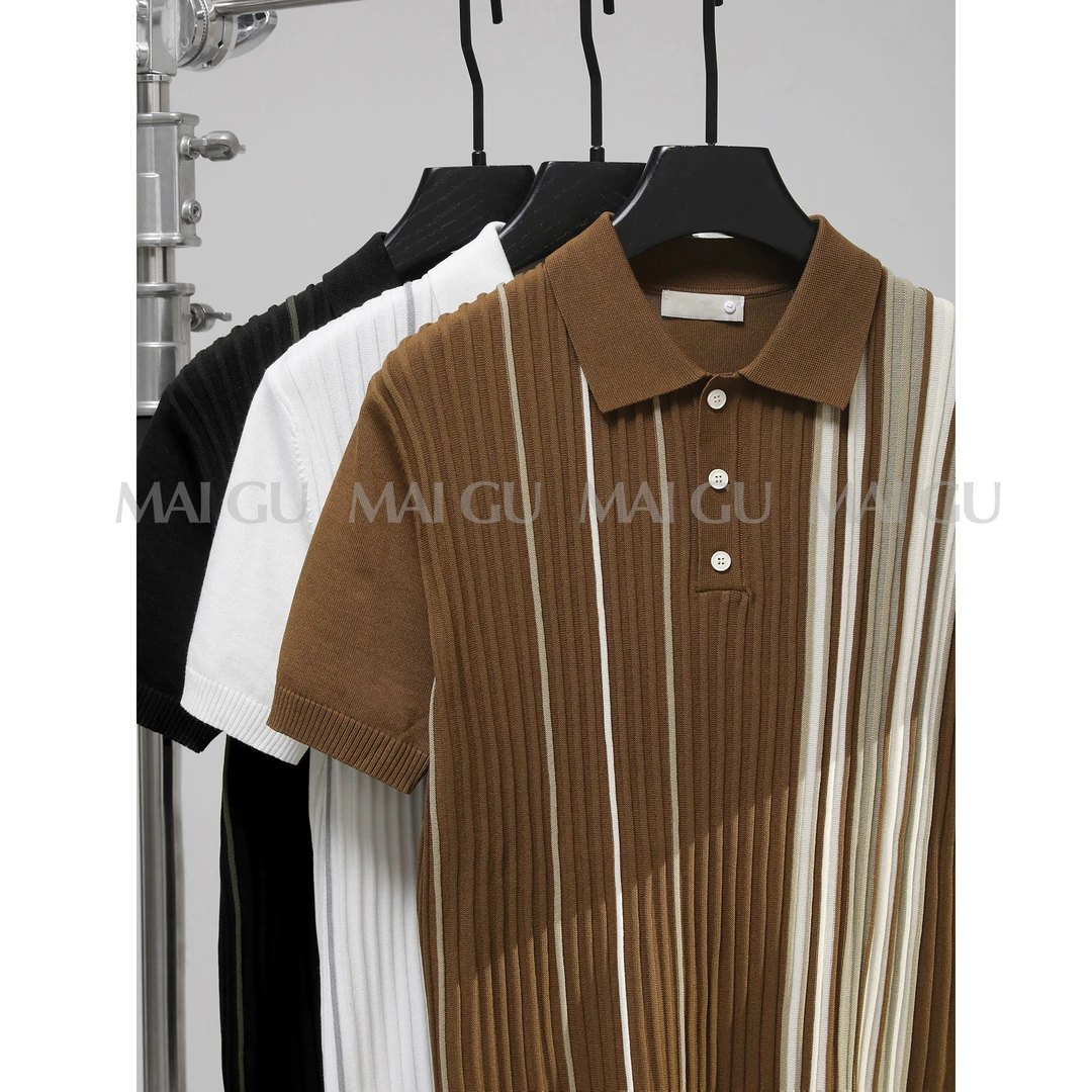 【MAIGU】夏季男士奢感撞色坑条纹设计短袖亲肤休闲冰感棉POLO衫男