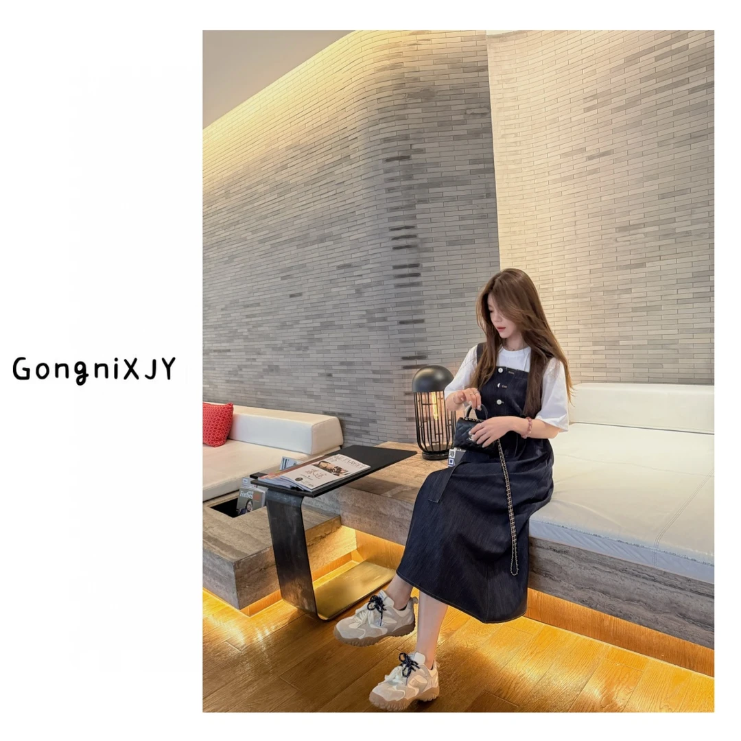 【LINA·GXY】韩系减龄排扣带腰带设计牛仔色吊带连衣裙