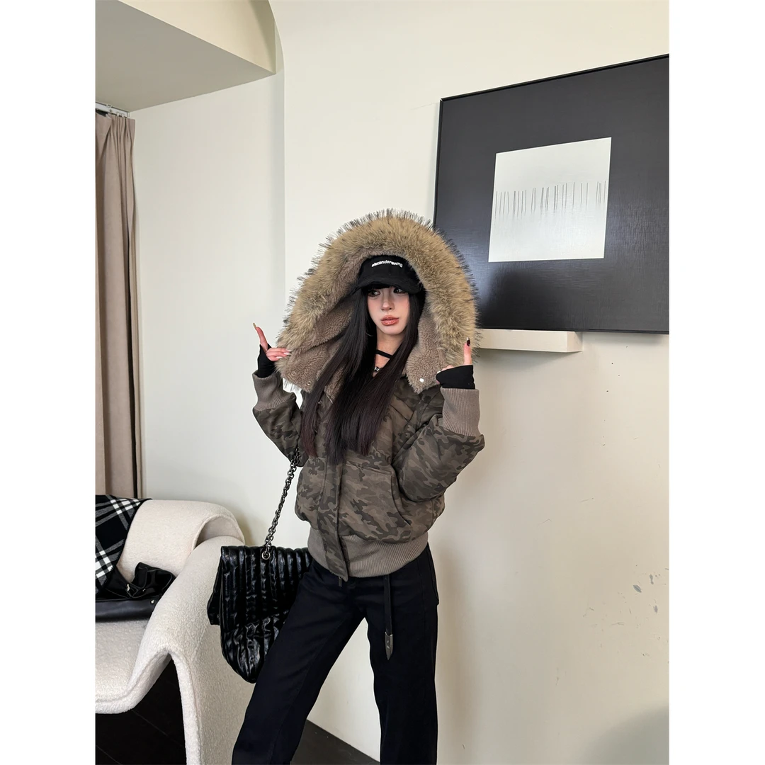 「 植山织物 」慵懒韩系毛绒显瘦内胆连帽加厚加绒毛领休闲卫衣外套