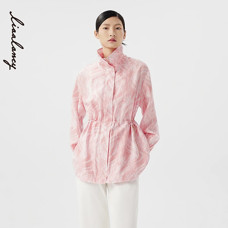 LANCY/朗姿2024夏季真丝晕染感印花风衣收腰扎染风翻领休闲外套女