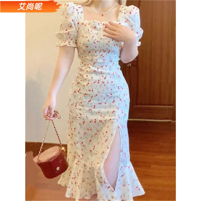I夏天裙子仙女裙小个子短袖气质开叉连衣裙修身显瘦修身1