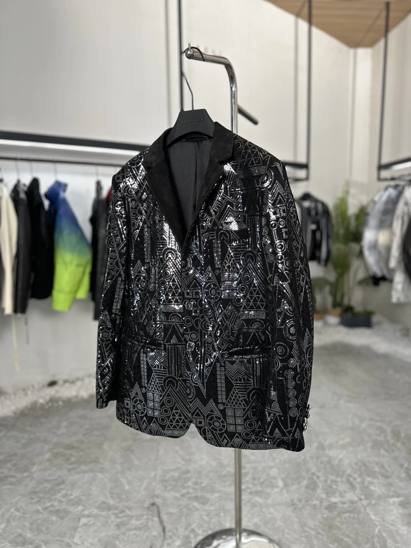 绵羊皮男士西装刺绣演出服外套镶钻真皮皮衣修身皮西服短款MNA-11