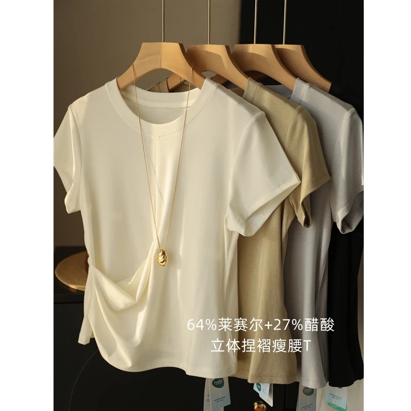 立体捏褶瘦腰T恤 醋酸莱赛尔高密凉感圆领短袖显瘦宽松上衣女夏新