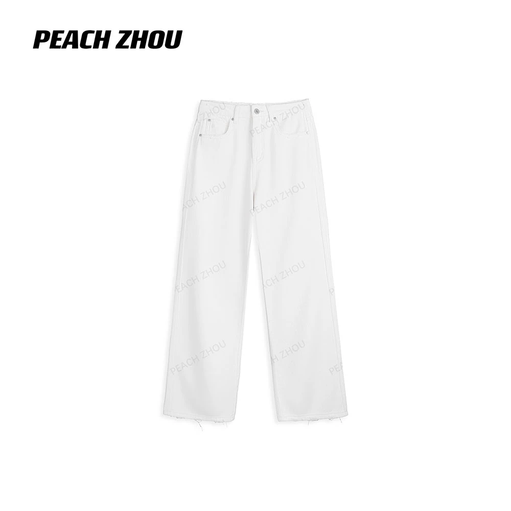 『PEACHZHOU』毛边磨破吊烂徽标绣花白色宽松休闲直筒系扣牛仔裤女