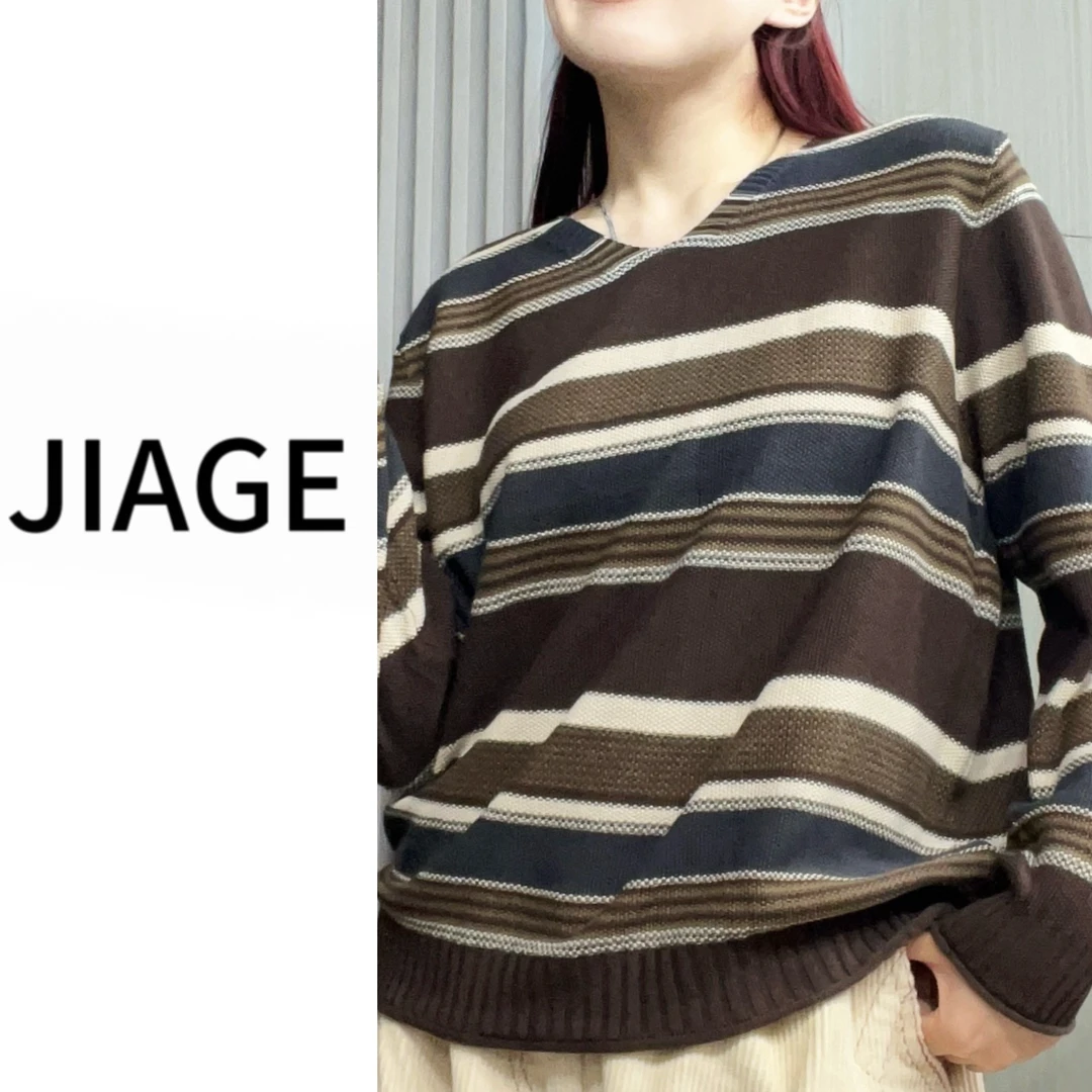 JIAGE-8235秋季V领套头长袖百搭撞色条纹百搭休闲宽松棉线针织衫
