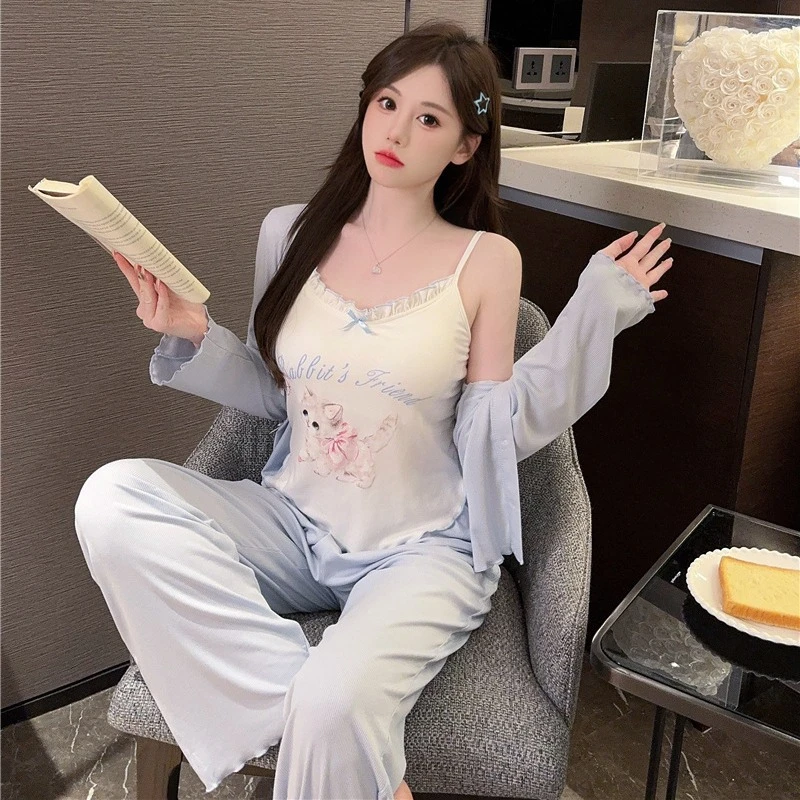 春秋睡衣女款爆款2025新款猫咪吊带长袖胸垫家居服三件套装