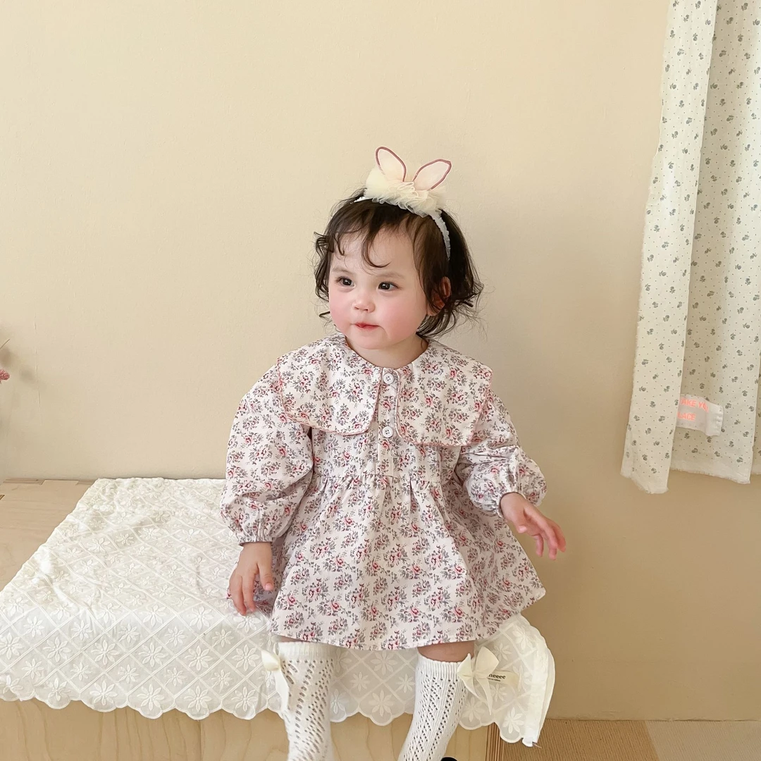 7076春秋装女宝宝韩版碎花小翻领长袖哈衣公主白天周岁包屁衣