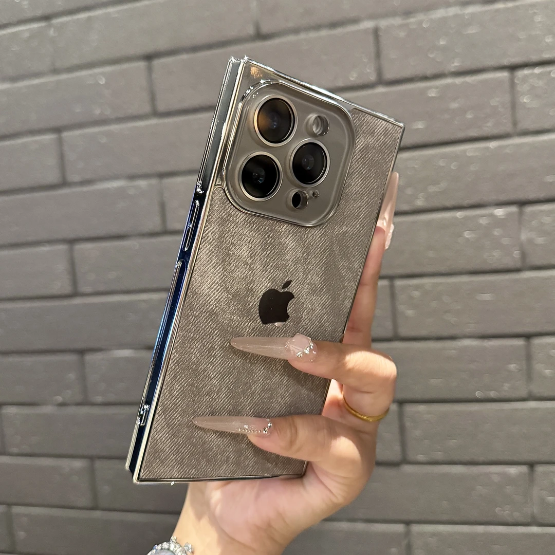 方形电镀牛仔纹适用苹果16pro手机壳iPhone15promax全包14防摔13