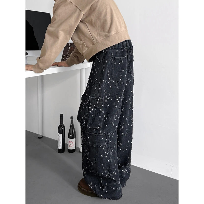 阔腿磨毛破洞牛仔裤男秋冬季美式高街多口袋设计百搭宽松直筒裤子