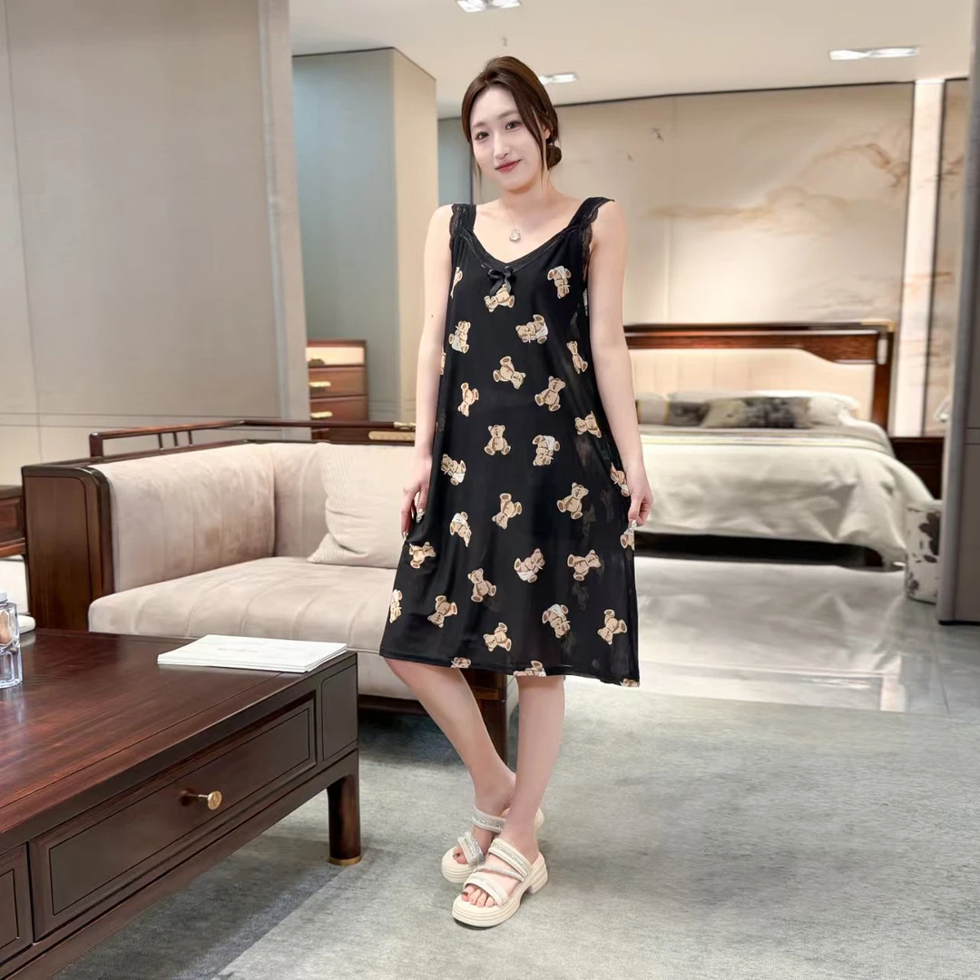 夏季冰丝吊带睡裙长款气质遮肉显瘦宽松百搭大码舒适蕾丝时尚女士