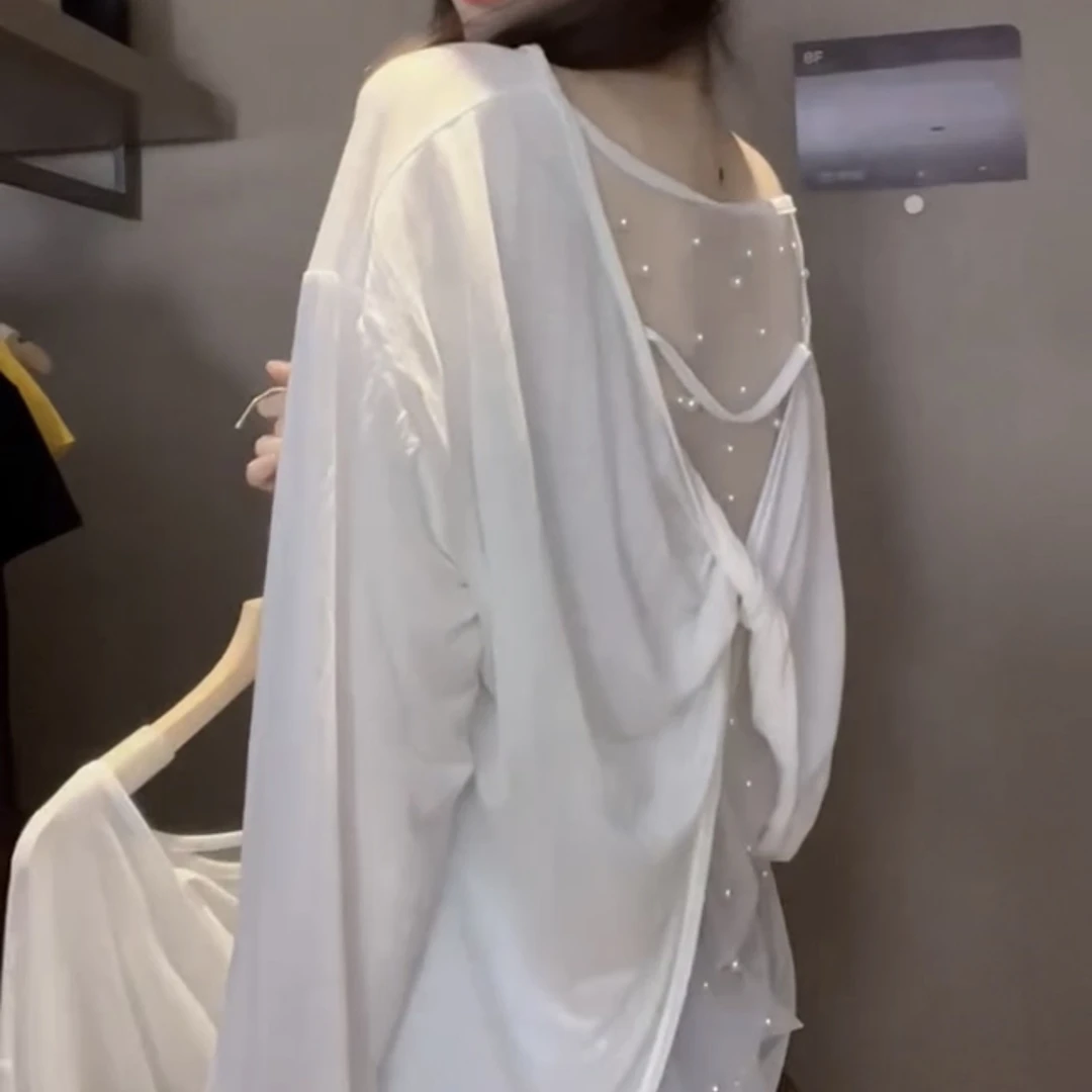 拼接常规宽松型长袖防晒露背T恤仙气百搭气质薄款设计师时尚5116