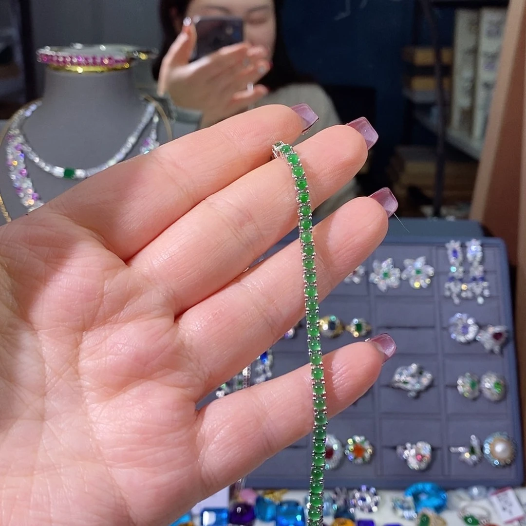 翡翠手链银S925镀金镶嵌优*