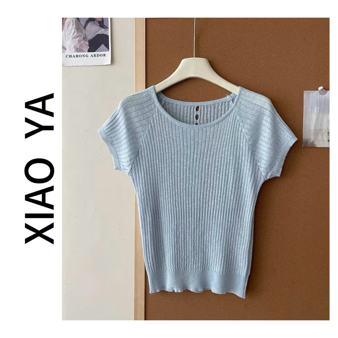 9883夏季新款简约方领设计感后背镂空显瘦百搭针织上衣