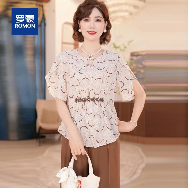 罗蒙2025新款妈妈装夏季时尚气质中年女装宽松洋气母亲小衫套装女