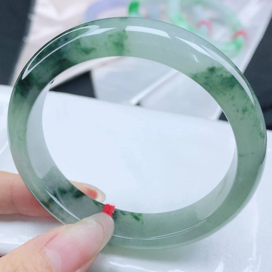 翡翠未镶嵌手镯缅甸57.5冰润飘深花正圈