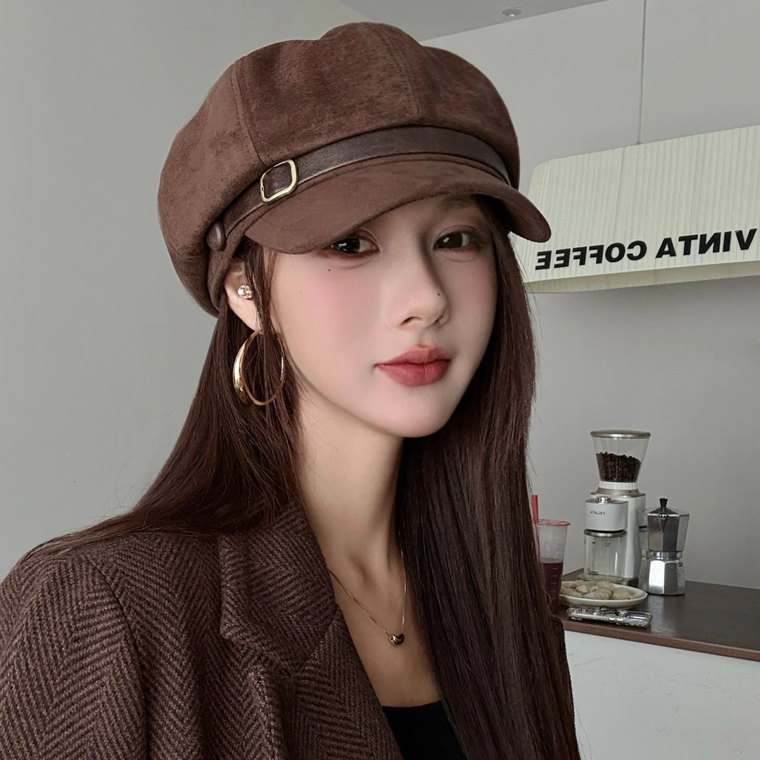 咖啡色八角帽女秋冬复古高品质麂皮绒贝雷帽时尚宽檐皮扣报童帽子
