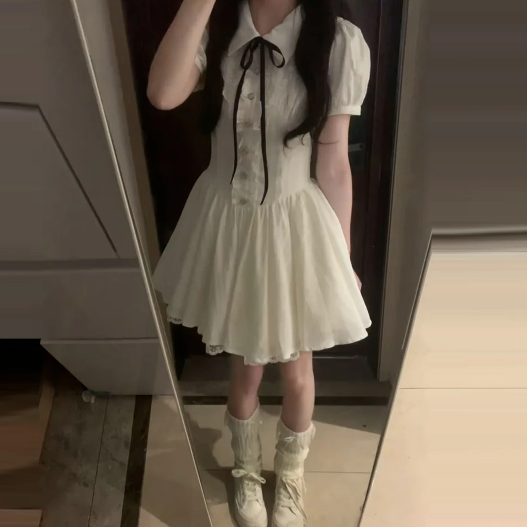 法式学院风白色泡泡袖连衣裙子女夏季2025新款小个子气质显瘦短裙